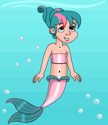 Size: 802x928 | Tagged: safe, artist:ocean lover, imported from derpibooru, tulip swirl, human, mermaid, bandeau, bare shoulders, belly, belly button, bubble, cheerful, child, cute, excited, excitement, fins, fish tail, green hair, hair bun, happy, human coloration, humanized, light skin, looking up, mermaid tail, mermaidized, mermay, midriff, ms paint, ocean, pink tail, red eyes, short hair, sleeveless, smiling, species swap, tail, tail fin, two toned hair, underwater, water