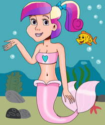 Size: 912x1093 | Tagged: safe, artist:ocean lover, imported from derpibooru, princess cadance, fish, human, mermaid, starfish, bandeau, bare midriff, bare shoulders, beautiful, belly, belly button, bow, bubble, coral, cute, fins, fish tail, hair bow, heart, human coloration, humanized, light skin, lips, looking at you, mermaid princess, mermaid tail, mermaidized, mermay, midriff, ms paint, multicolored hair, ocean, ponytail, pretty, purple eyes, rock, sleeveless, smiling, smiling at you, species swap, tail, tail fin, teen princess cadance, teenager, underwater, water, young cadance