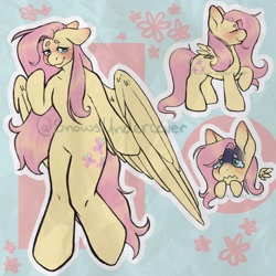 Size: 2048x2048 | Tagged: safe, artist:snows-undercover, imported from derpibooru, fluttershy, pegasus, pony, semi-anthro, beanbrows, blushing, chibi, cute, eyebrows, eyes closed, featureless crotch, female, mare, nervous, raised hoof, scared, shy, shyabetes, smiling, solo, teary eyes, watermark, wavy mouth