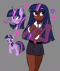 Size: 1740x2048 | Tagged: safe, artist:billtism, imported from derpibooru, twilight sparkle, alicorn, human, pony, belt, blushing, clothes, cute, dark skin, female, gray background, heart, humanized, mare, shirt, simple background, skirt, solo, twiabetes, twilight sparkle (alicorn)