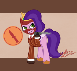 Size: 1680x1552 | Tagged: safe, artist:ismazhecat, imported from derpibooru, pipp petals, pegasus, pony, butterfly knife, clothes, female, g5, mare, smiling, smirk, solo, spy (tf2), team fortress 2, tuxedo