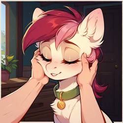 Size: 1024x1024 | Tagged: safe, imported from derpibooru, roseluck, earth pony, human, pony, ai content, ai generated, behaving like a cat, blushing, chest fluff, collar, cute, ear fluff, eyes closed, female, fluffy, generator:pony diffusion v6 xl, generator:stable diffusion, hand, hand on cheek, human on pony petting, mare, offscreen character, offscreen human, pet tag, petting, pony pet, prompter:doom9454, rosepet