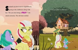 Size: 4096x2650 | Tagged: safe, artist:bearmation, imported from derpibooru, apple bloom, earth pony, pony, clothes, clubhouse, crusaders clubhouse, duo, duo female, elderly, female, filly, foal, g5, granny smith's shawl, high res, mare, older, older apple bloom, pippsqueaks, scarf, seashell (g5), seashell and her heroine, story included, text, tree, treehouse