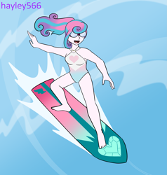 Size: 2567x2700 | Tagged: safe, artist:hayley566, imported from derpibooru, princess flurry heart, equestria girls, alternate hairstyle, barefoot, clothes, commission, equestria girls-ified, feet, female, goggles, older, older flurry heart, open mouth, solo, surfboard, surfing, swimsuit, water, wave