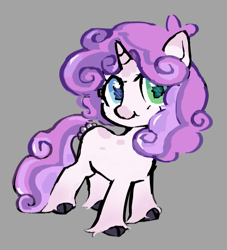 Size: 611x672 | Tagged: safe, artist:krabling, imported from derpibooru, part of a set, sweetie belle, pony, unicorn, alternate design, alternate eye color, big eyes, black hooves, cloven hooves, coat markings, colored, colored eartips, colored hooves, colored horn, colored muzzle, curly mane, curly tail, cute, diasweetes, eyelashes, female, fetlock tuft, filly, foal, gray background, heterochromia, horn, long mane, long tail, purple mane, purple tail, redesign, short horn, simple background, smiling, socks (coat markings), solo, spots, spotted, standing, tail, tail tie, unicorn horn, unshorn fetlocks, white coat