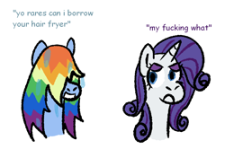Size: 858x569 | Tagged: safe, artist:zoeyhorse, imported from derpibooru, rainbow dash, rarity, pegasus, pony, unicorn, clearly you don't own an air fryer, dialogue, duo, duo female, female, hair over eyes, horn, lidded eyes, mare, simple background, vulgar, wet, wet mane, white background