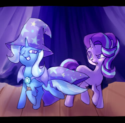 Size: 663x656 | Tagged: safe, alternate version, artist:krabling, imported from derpibooru, starlight glimmer, trixie, pony, unicorn, blue coat, blue mane, blue tail, border, cape, clothes, colored, confused, curtains, detailed background, duo, duo female, eyelashes, female, hat, horn, looking at each other, looking at someone, mare, old art, one eye closed, open mouth, pink coat, purple eyes, raised hoof, raised leg, smiling, smiling at each other, stage, standing, tail, trixie's cape, trixie's hat, two toned mane, two toned tail, unicorn horn, wingding eyes