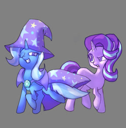 Size: 652x660 | Tagged: safe, alternate version, artist:krabling, imported from derpibooru, starlight glimmer, trixie, pony, unicorn, blue coat, blue mane, blue tail, cape, clothes, colored, confused, duo, duo female, eyelashes, female, gray background, hat, horn, looking at each other, looking at someone, mare, old art, one eye closed, open mouth, pink coat, purple eyes, raised hoof, raised leg, simple background, smiling, smiling at each other, standing, tail, trixie's cape, trixie's hat, two toned mane, two toned tail, unicorn horn, wingding eyes