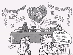 Size: 2166x1646 | Tagged: safe, artist:overlordneon, imported from derpibooru, princess cadance, princess flurry heart, alicorn, pony, banner, cake, dialogue, duo, duo female, female, floppy ears, flower, food, frown, grayscale, heart, mare, monochrome, mother and child, mother and daughter, older, older flurry heart, princess of shipping, punch (drink), punch bowl, rose, simple background, speech bubble, white background