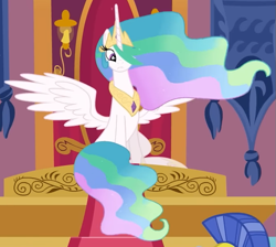 Size: 681x609 | Tagged: safe, imported from derpibooru, screencap, princess celestia, alicorn, pony, season 3, the crystal empire, cropped, crown, ethereal mane, ethereal tail, female, hoof shoes, jewelry, looking at someone, mare, offscreen character, peytral, regalia, royal guard, sitting, slender, solo focus, spread wings, tail, thin, wings