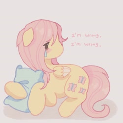 Size: 2800x2800 | Tagged: safe, artist:ariariari.png, imported from derpibooru, fluttershy, pegasus, pony, crying, gray background, lyrics in the description, pillow, simple background, solo, teardrop, vent art