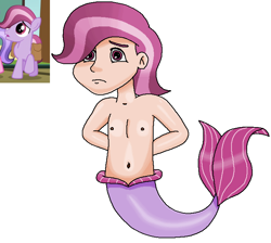 Size: 706x633 | Tagged: safe, artist:ocean lover, imported from derpibooru, lavender bunch, crystal pony, human, merboy, mermaid, merman, bashful, belly, belly button, chest, child, fins, fish tail, frown, gradient hair, hair over one eye, hands behind back, human coloration, humanized, light skin, male, mermay, ms paint, purple eyes, reference, shy, simple background, species swap, tail, tail fin, two toned hair, white background