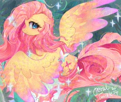 Size: 2048x1726 | Tagged: safe, artist:petaltwinkle, imported from derpibooru, fluttershy, pegasus, pony, abstract background, blue eyes, blushing, colored, colored eyebrows, colored wings, colored wingtips, ear blush, eye lashes, eyelashes, female, floppy ears, flowing mane, flowing tail, lidded eyes, long mane, long tail, looking back, mare, one wing out, overhead view, pink mane, pink tail, shiny eyes, shiny mane, shiny tail, signature, smiling, solo, sparkles, sparkly eyes, sparkly mane, spread wings, tail, two toned wings, wing fluff, wingding eyes, wings, yellow coat