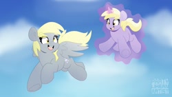 Size: 1200x675 | Tagged: safe, artist:partypievt, imported from derpibooru, derpy hooves, dinky hooves, pegasus, pony, unicorn, cross-eyed, duo, duo female, eye clipping through hair, eyebrows, eyebrows visible through hair, female, flying, horn, magic, telekinesis