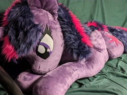 Size: 4624x3472 | Tagged: safe, artist:joltage, imported from derpibooru, photographer:jolts, twilight sparkle, alicorn, pony, descended twilight, alternate cutie mark, female, grin, horn, irl, life size, lying down, mare, photo, plushie, smiling, twilight sparkle (alicorn), wings