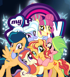 Size: 983x1082 | Tagged: safe, imported from derpibooru, indigo zap, lemon zest, moondancer, sour sweet, sugarcoat, sunset shimmer, earth pony, pegasus, pony, unicorn, alternate mane six, alternate universe, base used, female, group, horn, hug, mare, smiling