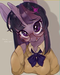 Size: 1569x1965 | Tagged: safe, artist:potetecyu_to, imported from derpibooru, twilight sparkle, semi-anthro, unicorn, arm hooves, blushing, bowtie, breasts, bust, busty twilight sparkle, clothes, female, glasses, horn, looking at you, mare, round glasses, smiling, smiling at you, solo, sweater, talking to viewer