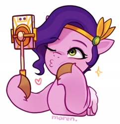 Size: 1984x2048 | Tagged: safe, artist:maren, imported from derpibooru, pipp petals, pegasus, pony, cellphone, colored eyebrows, colored hooves, colored pinnae, colored wings, dexterous hooves, duckface, eyebrows, eyebrows visible through hair, eyelashes, female, floating heart, folded wings, g5, half body, heart, hoof hold, hoof on cheek, jewelry, looking at something, mare, one eye closed, phone, selfie, selfie stick, signature, simple background, smartphone, solo, sparkles, tiara, unshorn fetlocks, white background, wings, wink