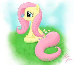 Size: 1600x1400 | Tagged: safe, artist:sameasusual, imported from derpibooru, fluttershy, butterfly, pegasus, pony, blushing, butterfly on nose, cute, daaaaaaaaaaaw, daisy (flower), female, flower, gradient background, grass, insect on nose, mare, old art, profile, signature, sitting, smiling, solo