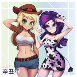 Size: 891x897 | Tagged: safe, artist:the-park, imported from derpibooru, applejack, rarity, cow, human, equestria girls, 2021, belly button, breasts, busty applejack, busty rarity, cellphone, choker, clothes, cow ears, cow girl, cow horns, cow tail, cowboy hat, cowgirl, cowprint, daisy dukes, dress, hat, headband, horns, midriff, old art, phone, raricow, selfie, shorts, smiling, species swap, tail, vest