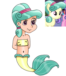 Size: 680x785 | Tagged: safe, artist:ocean lover, imported from derpibooru, coral shores, crystal pony, human, mermaid, arm behind back, bandeau, bare shoulders, belly, belly button, child, cute, female, fins, fish tail, gradient hair, green hair, hair bun, hairpin, happy, human coloration, humanized, innocent, light skin, looking at someone, mermaid tail, mermaidized, mermay, midriff, ms paint, pink eyes, reference, simple background, sleeveless, species swap, tail, tail fin, transparent background, two toned hair, white background, yellow tail