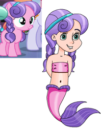 Size: 672x847 | Tagged: safe, artist:ocean lover, imported from derpibooru, cloudy spinel, crystal pony, human, mermaid, arm behind back, bandeau, bare shoulders, belly, belly button, child, cute, female, fins, fish tail, gradient hair, hairpin, happy, human coloration, humanized, innocent, light skin, looking at someone, mermaid tail, mermaidized, mermay, midriff, ms paint, pigtails, pink tail, purple hair, reference, simple background, sleeveless, species swap, tail, tail fin, teal eyes, transparent background, two toned hair, white background