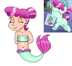 Size: 817x753 | Tagged: safe, artist:ocean lover, imported from derpibooru, crystal pony, human, mermaid, arm behind back, bandeau, bare shoulders, belly, belly button, cheerful, child, cute, excited, excitement, eyes closed, female, fins, fish tail, gradient hair, green tail, hair bun, happy, human coloration, humanized, innocent, light skin, mermaid tail, mermaidized, mermay, midriff, ms paint, reference, simple background, sleeveless, smiling, species swap, tail, tail fin, transparent background, two toned hair, white background