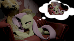 Size: 1280x720 | Tagged: safe, artist:supersonicbros23, imported from twibooru, big macintosh, fluttershy, earth pony, pegasus, pony, 3d, blushing, cuddling, dream, female, fluttermac, image, lying down, male, mare, png, shipping, sleeping, solo, stallion, straight, teddy bear, thought bubble