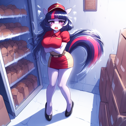 Size: 1024x1024 | Tagged: safe, imported from derpibooru, twilight sparkle, anthro, adorasexy, ai content, ai generated, big breasts, blushing, breast squish, breasts, busty twilight sparkle, clothes, cold, complaining, crossed arms, cute, female, freezer, freezing, frost, hat, ice, looking at you, missing horn, open mouth, prompter:horselover fat, refrigerator, restaurant, sexy, shelves, shivering, shoes, solo, uniform, uniform hat
