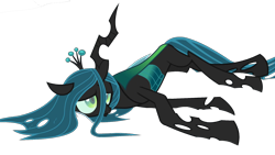 Size: 1920x1080 | Tagged: safe, derpibooru exclusive, edit, edited screencap, imported from derpibooru, screencap, queen chrysalis, changeling, about to cry, concave belly, defeated, lanky, long legs, lying down, narrowed eyes, not a vector, on side, sad, simple background, skinny, snow, solo, tall, thin, transparent background