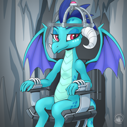 Size: 3070x3070 | Tagged: safe, artist:mysticalpha, imported from derpibooru, princess ember, dragon, chair, commission, cuffs, dragoness, female, high res, lidded eyes, looking at you, mind reading, partially open wings, signature, sitting, smiling, smiling at you, solo, tied to chair, wings