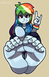 Size: 1325x2079 | Tagged: safe, artist:reathroch, imported from derpibooru, rainbow dash, human, equestria girls, barefoot, devil horn (gesture), feet, female, fetish, foot fetish, foot focus, looking at you, simple background, smiling, smiling at you, soles, solo, solo female, toenails, toes