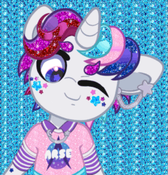 Size: 625x650 | Tagged: safe, artist:partypievt, imported from derpibooru, oc, oc only, oc:party pie, anthro, pony, unicorn, animated, arse, collar shirt, ear piercing, earring, eyestrain warning, facial markings, gif, glitter, glitter gif, horn, jewelry, looking at you, one eye closed, piercing, solo, wink, winking at you