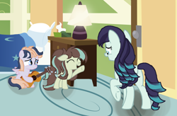 Size: 2753x1809 | Tagged: safe, artist:galaxynightsparkle, imported from derpibooru, coloratura, oc, oc:britika, oc:serena, earth pony, pegasus, pony, base used, colt, eyes closed, female, filly, foal, guitar, male, mare, mother and child, mother and daughter, musical instrument, offspring, parent:coloratura, parent:feather bangs, parent:songbird serenade, parents:colorabangs, rara, singing, trio