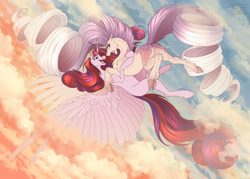 Size: 1600x1143 | Tagged: safe, artist:sunny way, imported from derpibooru, princess cadance, oc, oc:bleeding heart, oc:sumac spirit, alicorn, pony, unicorn, art, artwork, cloud, digital art, duo, falling, feather, female, feral, flying, happy, horn, large wings, long hair, mare, my little pony, open mouth, reward, scary, sky, smiling, wings