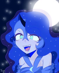 Size: 935x1150 | Tagged: safe, artist:trash-art06, imported from derpibooru, princess luna, human, bust, fangs, female, full moon, helmet, horn, horned humanization, humanized, moon, no pupils, open mouth, smiling, solo, teeth