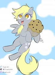 Size: 1182x1609 | Tagged: safe, imported from derpibooru, derpy hooves, pegasus, pony, female, food, holding, mare, muffin, open mouth, signature, sky, smiling, solo