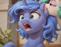 Size: 2048x1600 | Tagged: safe, imported from derpibooru, princess celestia, princess luna, ai content, ai generated, anonymous prompter, biting, ear bite, ear fluff, generator:pony diffusion v6 xl, generator:stable diffusion, shocked, short hair