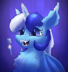 Size: 1866x1976 | Tagged: safe, artist:gosha305, imported from derpibooru, minuette, alicorn, bat pony, bat pony alicorn, pony, bat ponified, bat wings, blue background, bust, chest fluff, cute, ear fluff, fangs, female, fluffy, folded wings, glowing, glowing horn, horn, levitation, looking at you, magic, mare, open mouth, open smile, portrait, race swap, simple background, slit pupils, smiling, smiling at you, solo, teeth, telekinesis, toothbrush, wings