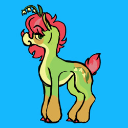 Size: 2048x2048 | Tagged: safe, artist:tamponropeburn, imported from derpibooru, oc, oc only, oc:carrot (friendlyfloaty), earth pony, pony, artfight, blue background, concave belly, countershading, flower, full body, green coat, red mane, red tail, short tail, simple background, smiling, solo, standing, tail, yellow coat