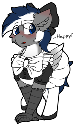 Size: 598x1000 | Tagged: safe, artist:skylarpalette, imported from derpibooru, oc, oc only, oc:blitz streak, hippogriff, pony, adorable face, blushing, bow, cheek fluff, clothes, crossdressing, crossed legs, cute, ear blush, ear fluff, fluffy, frills, hair bow, looking back, maid, male, png, shoes, shy, simple background, skirt, socks, stallion, stockings, talking, talons, thigh highs, transparent background, wings