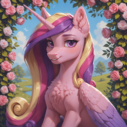 Size: 1536x1536 | Tagged: safe, imported from derpibooru, princess cadance, ai content, ai generated, anonymous prompter, chest fluff, ear fluff, flower, generator:pony diffusion v6 xl, generator:stable diffusion, looking at you, rose, sitting, smiling, smiling at you