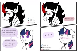 Size: 1413x979 | Tagged: safe, artist:trash-art06, imported from derpibooru, king sombra, twilight sparkle, pony, blushing, comic, embarrassed, female, male, no pupils, open mouth, shipping, simple background, smiling, spanish, straight, translated in the description, twibra, white background