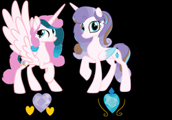 Size: 7616x5320 | Tagged: safe, artist:galaxynightsparkle, imported from derpibooru, oc, oc only, oc:crystal heart, oc:garion heart, alicorn, pony, absurd resolution, alicorn oc, base used, black background, colored wings, duo, duo female, female, horn, looking at you, mare, offspring, parent:pound cake, parent:princess flurry heart, parents:poundflurry, raised hoof, siblings, simple background, sisters, smiling, smiling at you, twins, wings