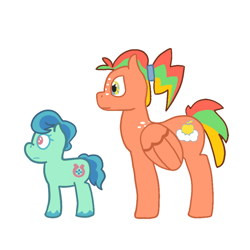 Size: 1280x1280 | Tagged: artist needed, safe, imported from derpibooru, oc, oc only, oc:criss cross, oc:fortune, earth pony, pegasus, pony, duo, female, foal, magical lesbian spawn, mare, next generation, offspring, parent:applejack, parent:marble pie, parent:rainbow dash, parent:trouble shoes, parent:troubleshoes clyde, parents:appledash, parents:marbleshoes, redesign, reference sheet, simple background, white background