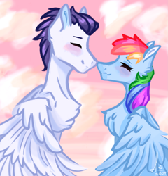Size: 2413x2517 | Tagged: safe, artist:luna almond, imported from derpibooru, rainbow dash, soarin', pegasus, pony, boop, chest fluff, cloud, duo, eyes closed, female, male, noseboop, nuzzling, shipping, sky, smiling, soarindash, spread wings, straight, wings
