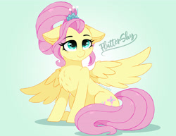 Size: 3840x2970 | Tagged: safe, artist:emyart18, imported from derpibooru, fluttershy, pegasus, pony, female, gradient background, high res, mare, older, older fluttershy, sitting, solo, spread wings, wings
