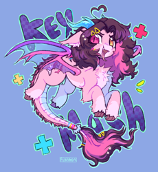 Size: 850x925 | Tagged: safe, artist:flixanoa, imported from derpibooru, oc, oc:key mash, dragon, angry, bat wings, chest fluff, claws, commission, ear fluff, female, heterochromia, horns, mare, pink, silly bandz, solo, sparkles, spread wings, text, transparent wings, wings