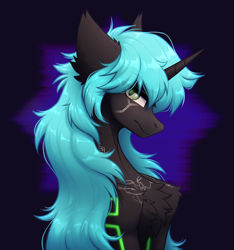 Size: 2658x2843 | Tagged: safe, artist:viryav, imported from derpibooru, oc, oc only, cyber pony, cyborg, pony, unicorn, bust, cyber eyes, dark background, fluffy, horn, male, neon, serious, serious face, simple background, solo