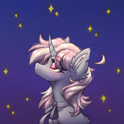 Size: 2982x2980 | Tagged: safe, artist:viryav, imported from derpibooru, oc, oc only, fluffy pony, pony, unicorn, blushing, bow, bowtie, cute, dark background, excited, female, fluffy, freckles, horn, mare, night, scar, simple background, sketch, solo, stars, surprised, surprised face, traditional art